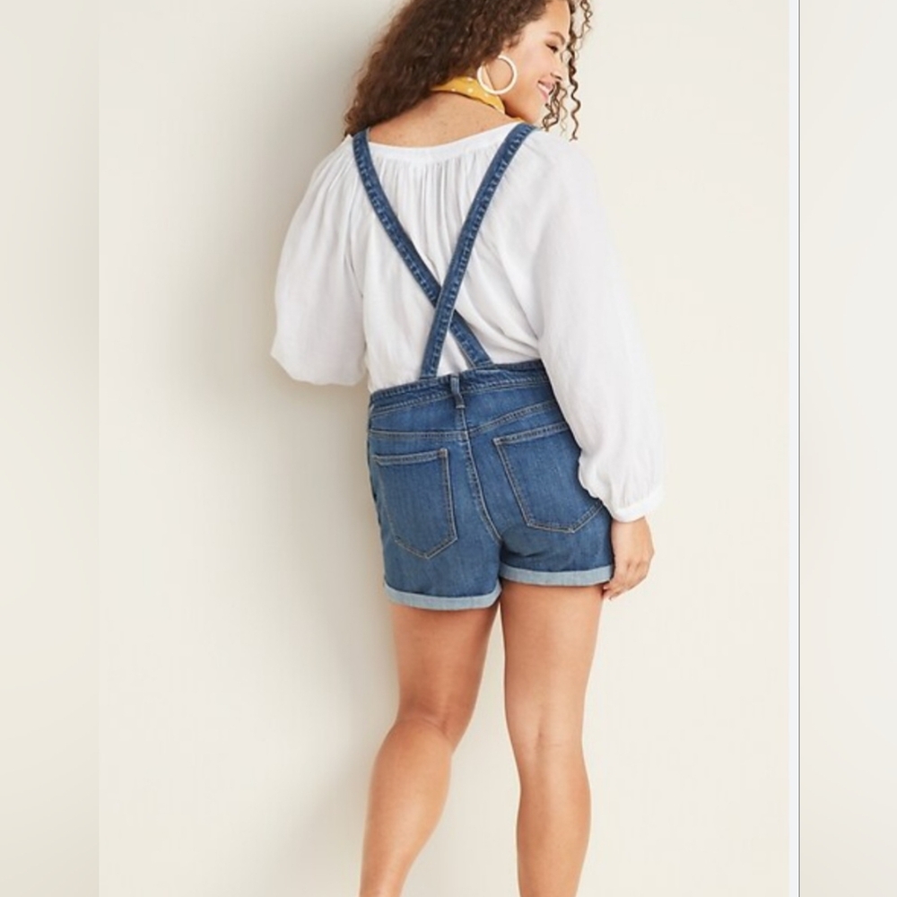 Old Navy Womens Medium Blue Jean Shortall Denim Shorts Bib Overall Cuffed - Picture 8 of 14